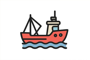 Obraz premium Simple colorful cartoon fishing boat sailing across wavy blue ocean water isolated on white