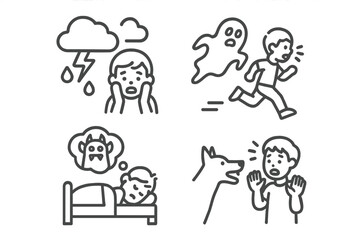 Simple outline icons depicting common human fears and anxiety triggers like ghosts, dogs, and nightmares