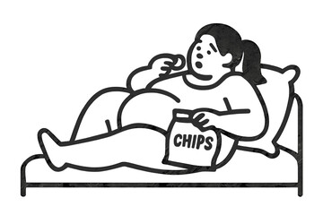 Overweight person relaxing on a bed while eating potato chips from a bag