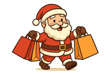 Cheerful Santa Claus mascot walking and carrying many shopping bags for holiday sales