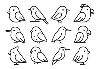 Various cute minimal black line bird drawings on a clean white background