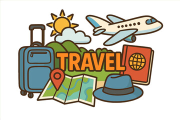 Travel concept collage with airplane, luggage, passport, map, and sun