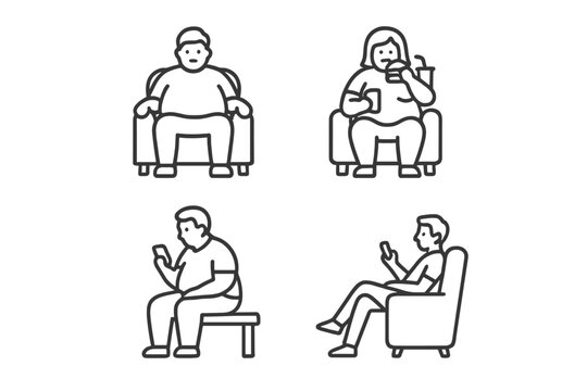 People sitting in chairs, engaging in sedentary activities like eating fast food and using mobile phones