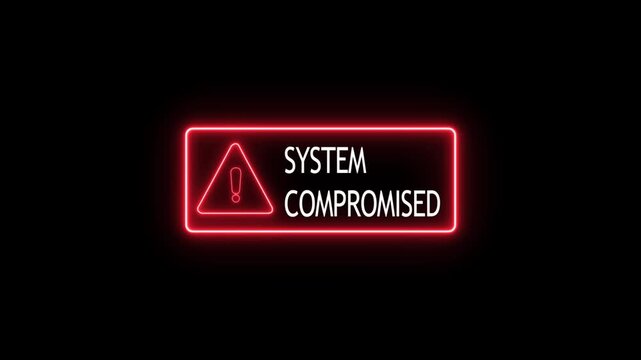 A cybersecurity alert screen showing system compromised warning with red interface Cybersecurity Alert Screen with System Compromised Warning and Red Breach Interface.
