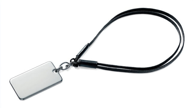 Blank metal ID badge with black lanyard on a white background. blank ID badge is perfect for adding custom text or logos for events or employee identification.