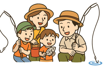 Happy family of four enjoying a fun summer fishing trip outdoors with fishing rods and a fresh catch
