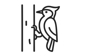 Minimalist black drawing of a woodpecker bird perched on a vertical tree trunk