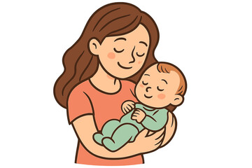 Gentle mother holding and embracing her peaceful newborn baby with love and care