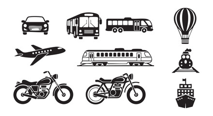 Collection of different black and white transport vehicle silhouette icons