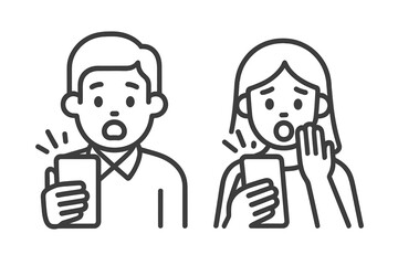 Shocked young couple reacting to surprising content or bad news on their mobile phones