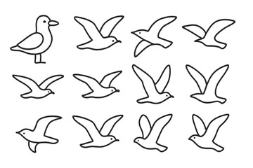 Set of minimalist outline drawings showing seagulls in flight and standing positions