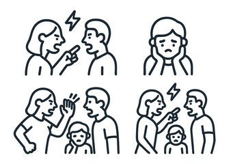 Various scenes depicting relationship problems, shouting, anger, and sadness caused by domestic arguments