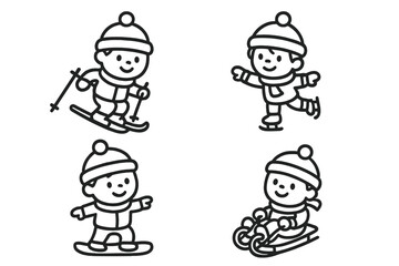 Adorable cartoon children playing winter sports activities like skiing and sledding