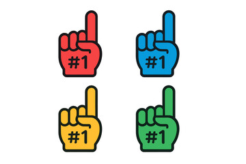 Vibrant set of four colorful foam fingers displaying the one sign for success and achievement