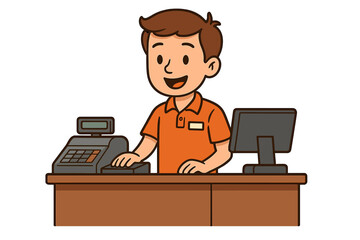 Friendly male cashier operating a cash register and computer at the checkout counter