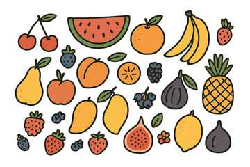 Vibrant assortment of fresh tropical and temperate fruits and berries, hand drawn style