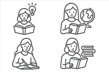 Set of female student icons representing reading, writing, knowledge, and academic study activities