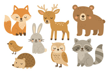 Charming collection of woodland animals featuring a fox, fawn, bear, bunny, owl, and raccoon