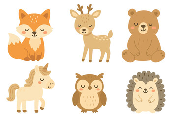 Set of cute woodland animals and fantasy creatures including fox deer bear owl and unicorn