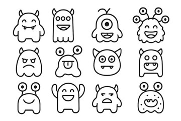Funny cartoon monster characters with horns and multiple eyes showing various emotions
