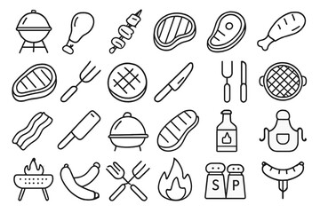 Essential barbecue and grilling elements including steaks, chicken, sausage, tools, and equipment