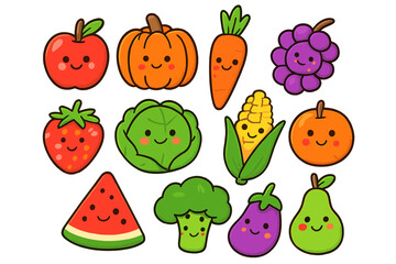 Cute cartoon fruits and vegetables collection with smiling faces