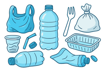 Set of disposable plastic waste items like bottles, bags, cups, and cutlery causing pollution