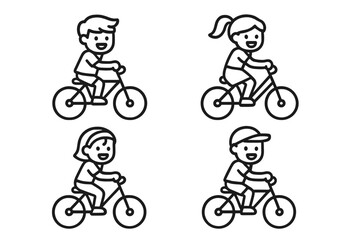 Group of four happy children riding bicycles together in a clean outline graphic
