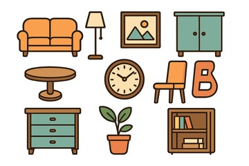 Set of interior furniture and decorative household objects including sofa lamp and clock