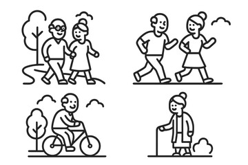 Active seniors enjoying outdoor activities like walking, jogging, and cycling