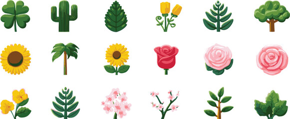 Emoticon pack, Spring theme emoji set, floral elements such as flowers and plants. transparent background