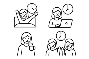 Simple line set showing a woman's daily routine and time management schedule