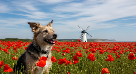 A happy dog sits in a vibrant field of red poppies with a traditional white windmill in the background under a blue sky.