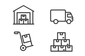 Warehouse storage, shipping truck, hand truck, and stacked boxes for logistics and delivery