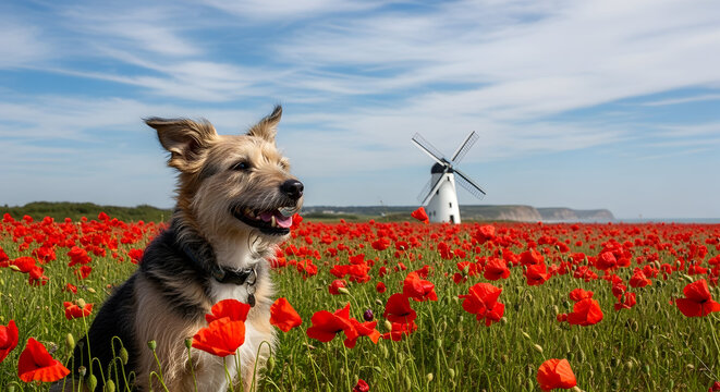 A happy dog sits in a vibrant field of red poppies with a traditional white windmill in the background under a blue sky.