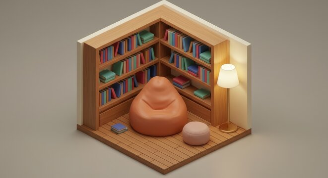 Cozy isometric library corner scene with books beanbag and lamp illustration