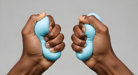 Two dark-skinned hands squeezing light blue stress balls against a plain grey background.
