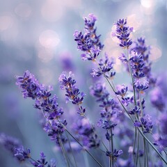 Naklejka premium Fragrant Lavender Flowers in Violet and Blue with Bokeh Lights