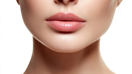 Obraz premium Close-up of a woman's beautiful lips and chin against a white background. the delicate beauty of a woman's lips, highlighting their natural shape and color.