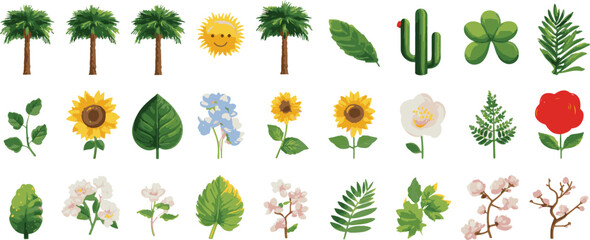 Spring theme emoji set, floral elements such as flowers and plants on transparent background. vector file