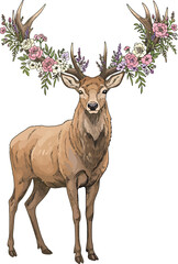 Majestic watercolor stag with large antlers adorned with pink and purple flowers.