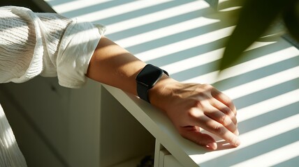 Person wearing smartwatch in bright sunlight and striped shadows indoors