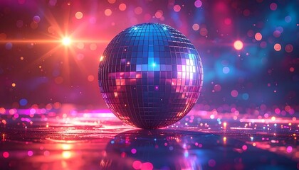 A shimmering disco ball floats above a reflective surface, surrounded by bokeh and vibrant pink and blue lights