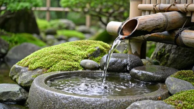 Water flowing from a traditional Japanese bamboo fountain into a stone basin. A close-up of a tsukubai in a lush zen garden with mossy rocks