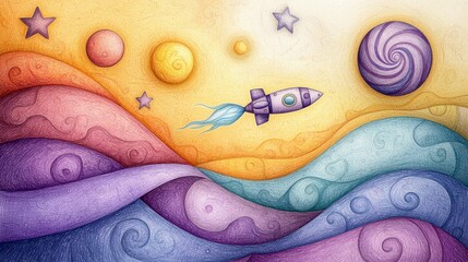 A whimsical, hand-drawn style illustration of a cartoon rocket ship soaring through a surreal landscape of colorful, swirling hills and planets under a warm, gr