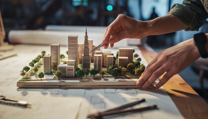 Architect working on a miniature city model with tweezers, representing urban planning, design, and the future of architecture. Conceptual for progress and development.