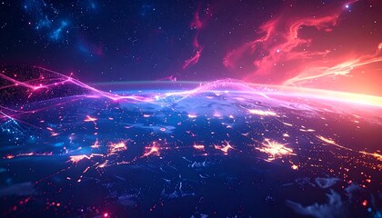 A digital depiction of Earth from space with ethereal pink and blue light trails and starry nebulae above
