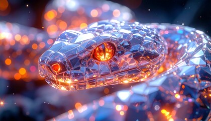 A shiny, faceted, crystalline snake with glowing orange eyes glimmers against a dark, bokeh-filled background