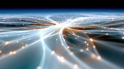 An abstract image of a network of data connections with glowing lights, creating a futuristic and technological environment.