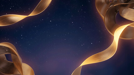 Golden elegant flowing ribbons on a dazzling starry night sky